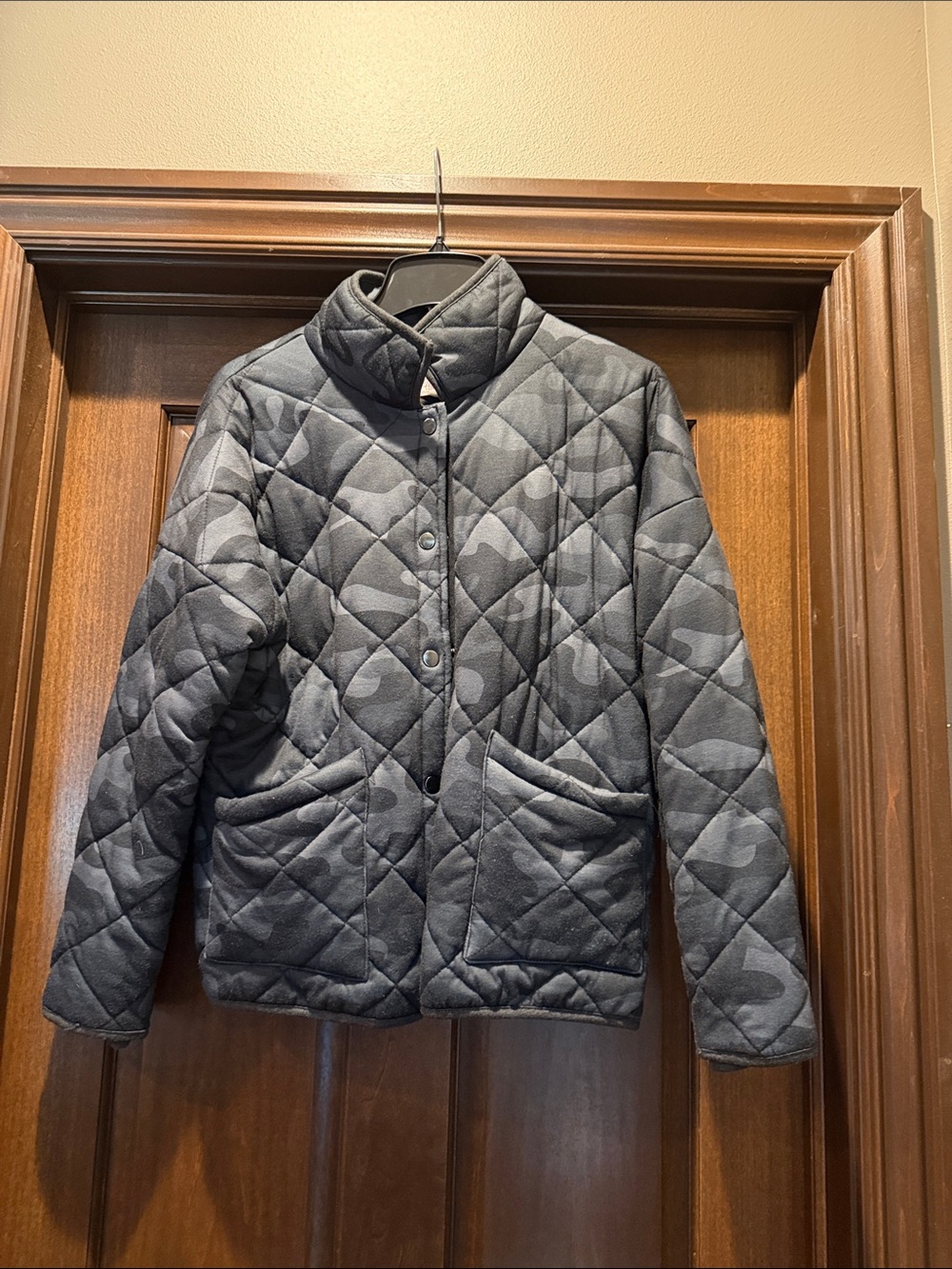 Pink Lily Quilted Grey Camouflage Puffer Jacket